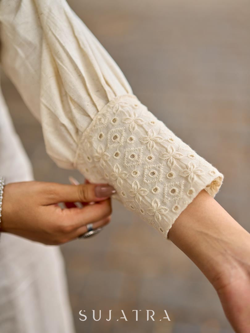 Simple Ivory Straight Kurta with Delicate Schiffli Hem Border & Gold Lace Detail