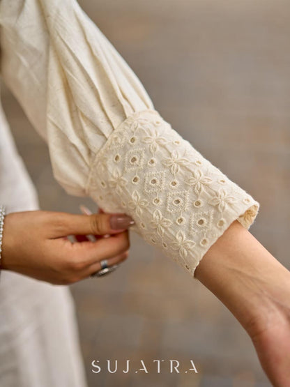 Simple Ivory Straight Kurta with Delicate Schiffli Hem Border & Gold Lace Detail
