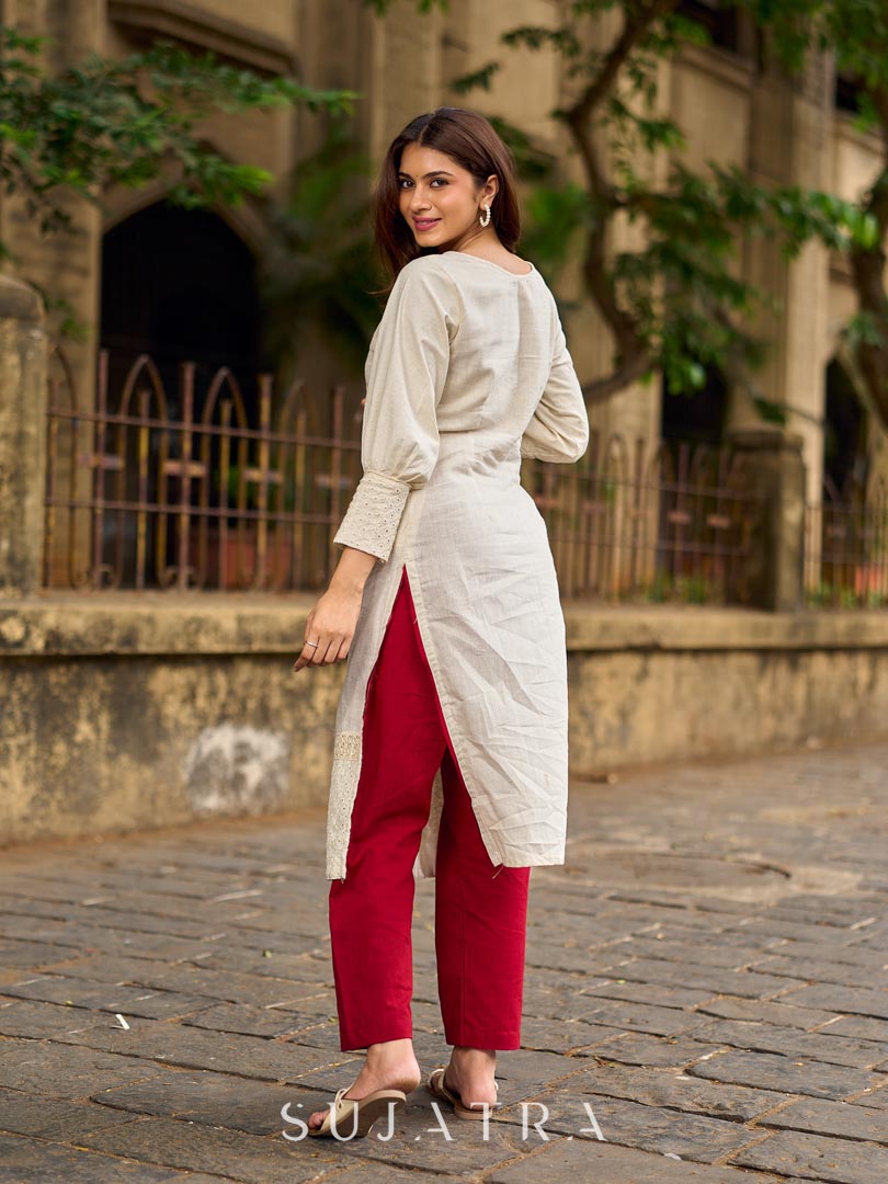 Simple Ivory Straight Kurta with Delicate Schiffli Hem Border & Gold Lace Detail