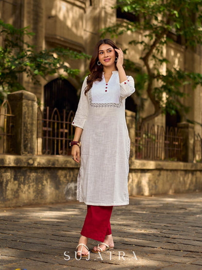 Elegant White Cotton Kurta with Hakoba Yoke & Delicate Hand Painted Border