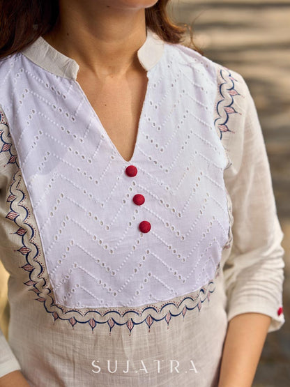 Elegant White Cotton Kurta with Hakoba Yoke & Delicate Hand Painted Border