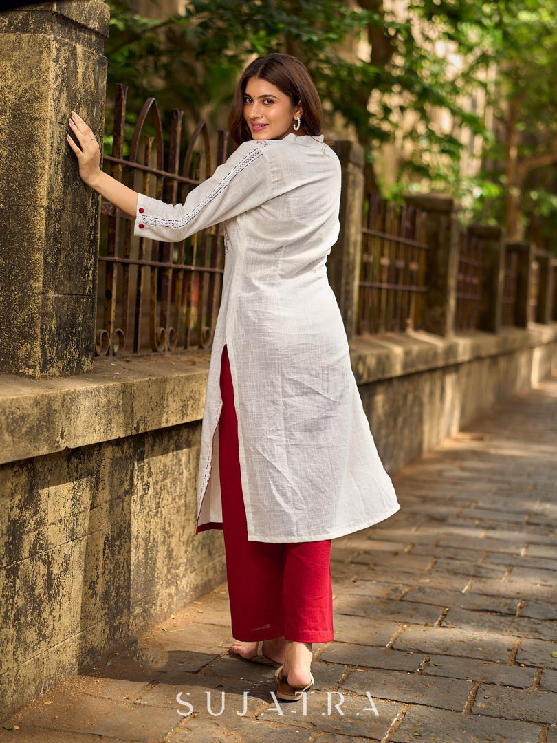 Elegant White Cotton Kurta with Hakoba Yoke & Delicate Hand Painted Border