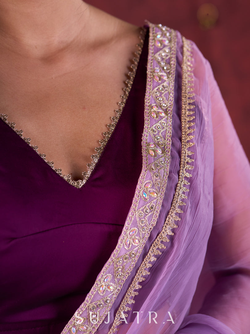 Soft Lavender Crepe Saree Adorned with Delicate Embroidered Lace Border - Blouse & Fabric Optional