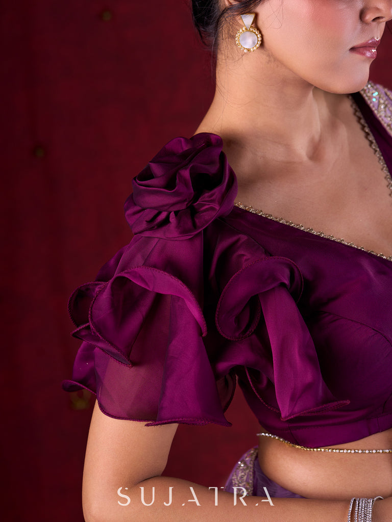 Soft Lavender Crepe Saree Adorned with Delicate Embroidered Lace Border