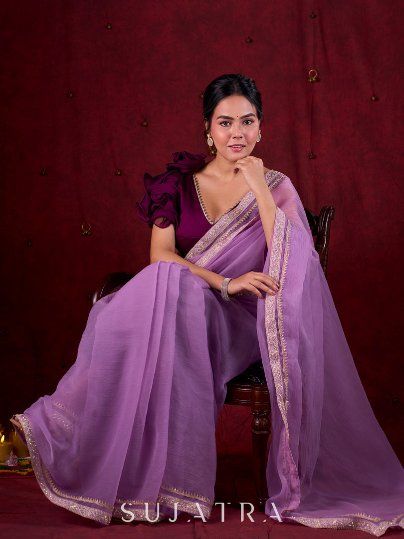 Soft Lavender Crepe Saree Adorned with Delicate Embroidered Lace Border