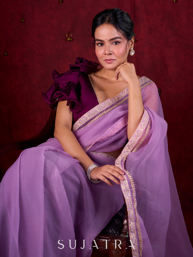Soft Lavender Crepe Saree Adorned with Delicate Embroidered Lace Border