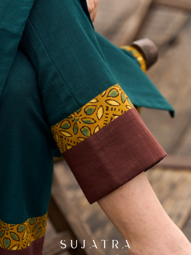 Teal Cotton Straight Pant with Mustard Ajrakh and Brown border