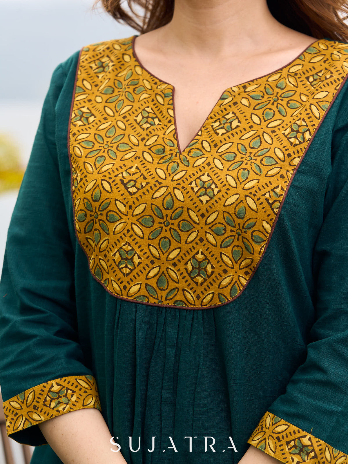 Dussehra Sale — Artisanal Teal Cotton Kurta featuring Contrast Mustard Ajrakh Print Panel - Pant Optional
