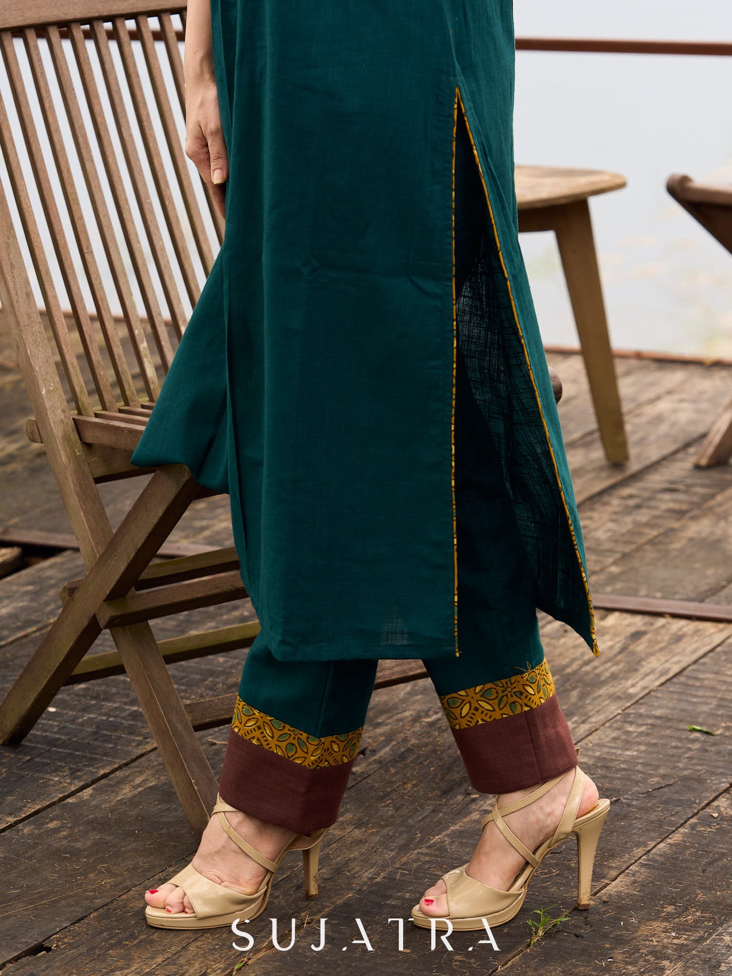 Artisanal Teal Cotton Kurta featuring Contrast Mustard Ajrakh Print Panel