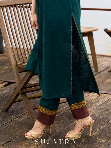 Teal Cotton Straight Pant with Mustard Ajrakh and Brown border