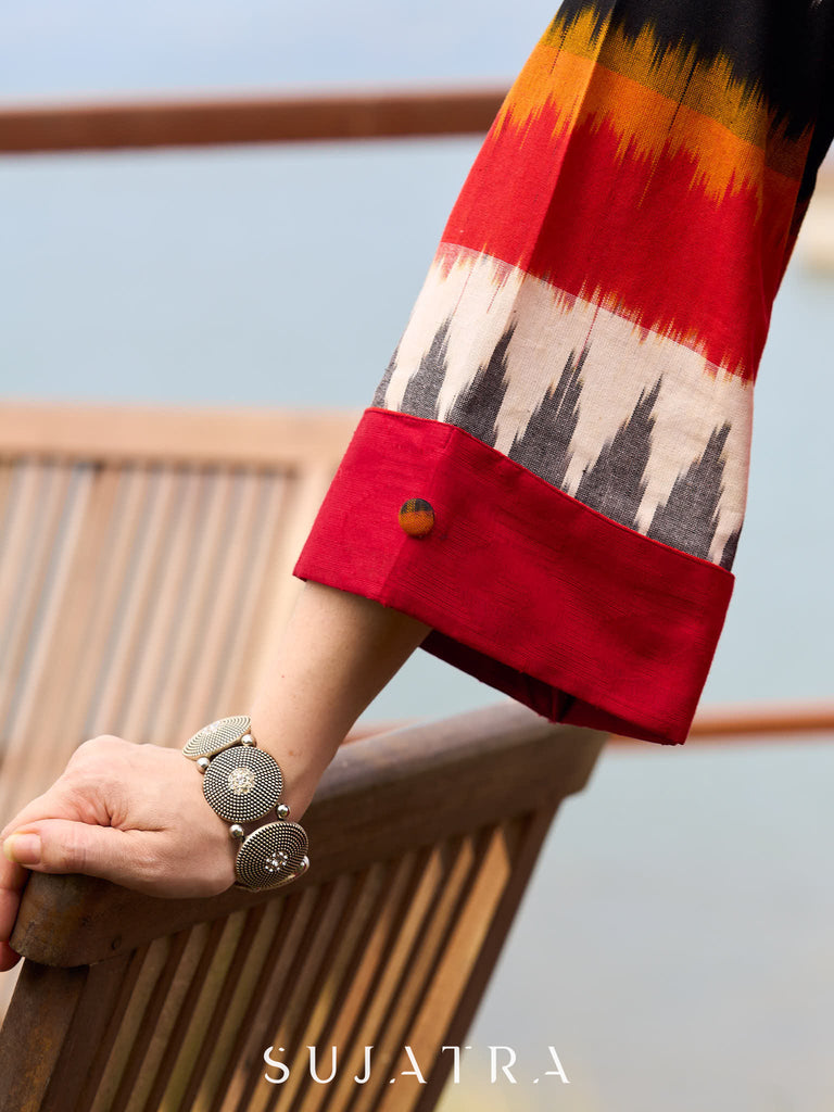 Elegant Red Cotton Jamdani Kurta with Complementing Ikat Patterned Sleeves and Front Pleat Details