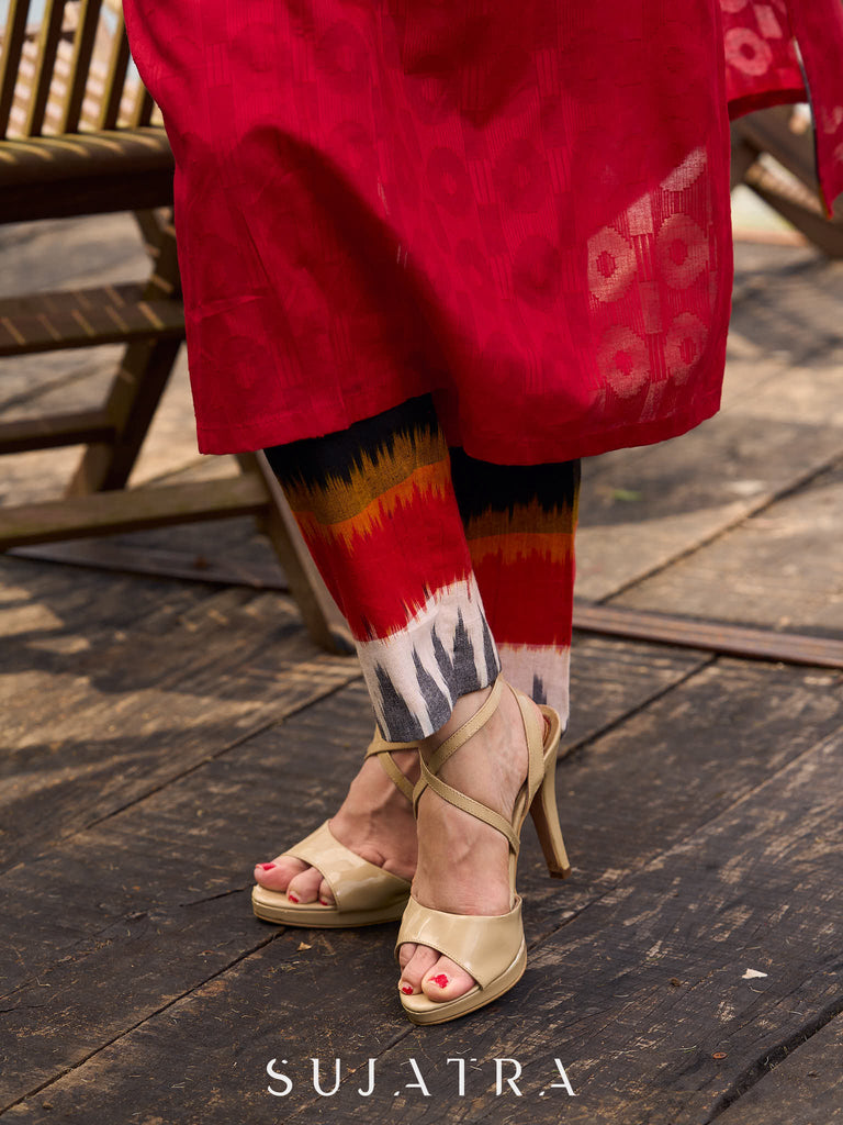 Red Cotton Pant with Multicolour Ikat Border