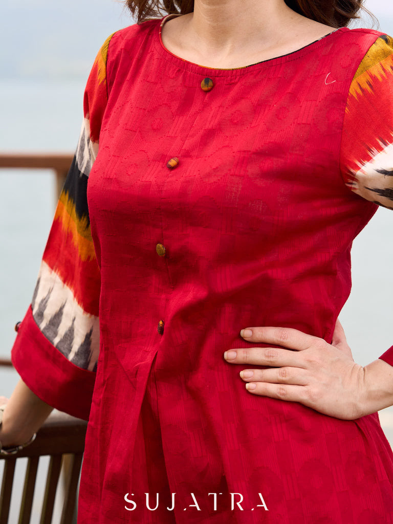 Elegant Red Cotton Jamdani Kurta with Complementing Ikat Patterned Sleeves and Front Pleat Details