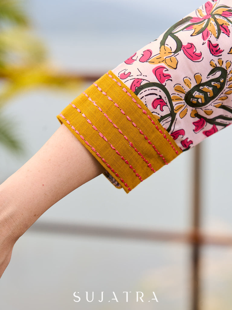 Charming Floral Print Angarkha Kurta featuring Contrast Mustard Embroidered Yoke