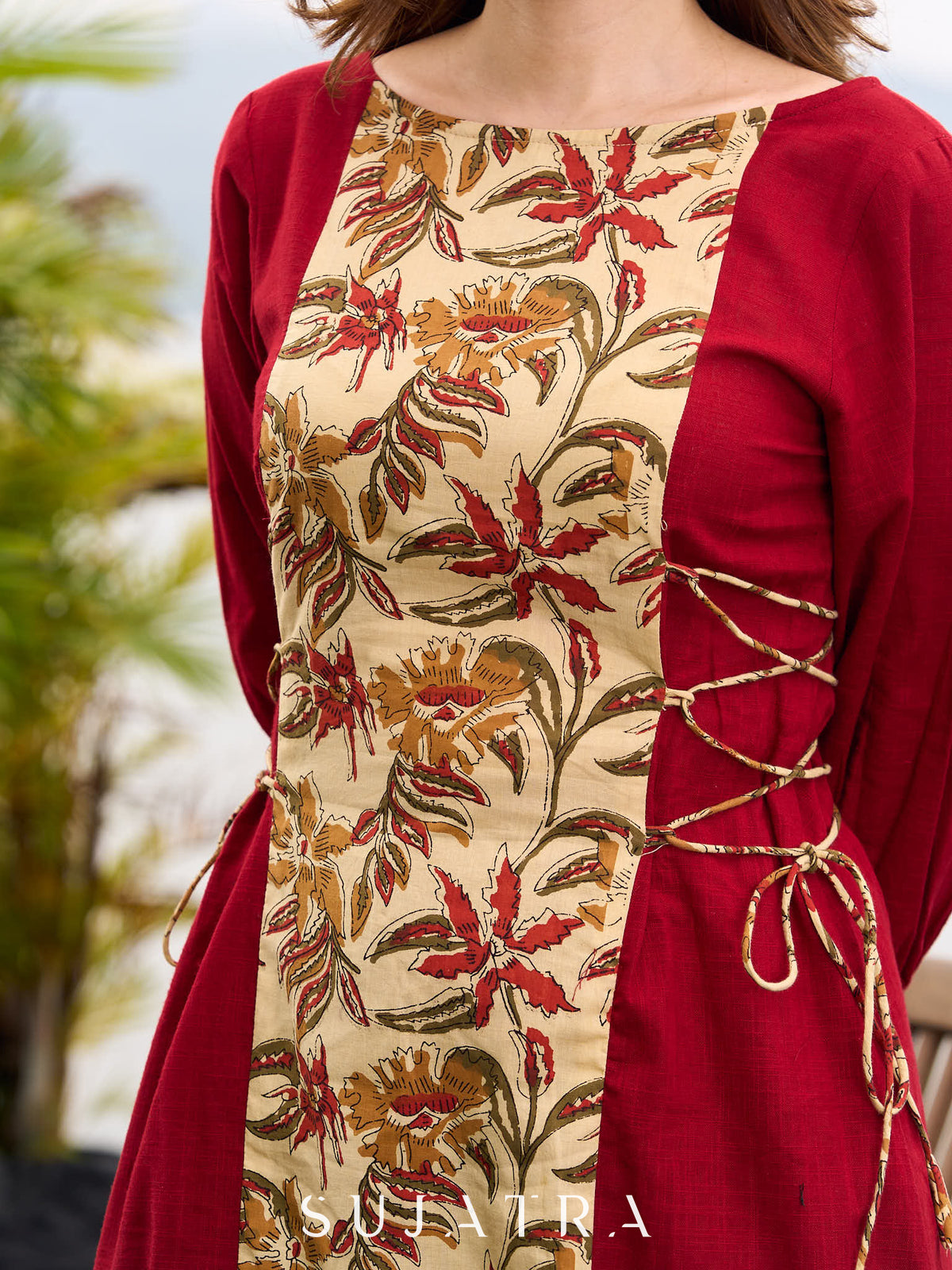 Dussehra Sale — Maroon Cotton Kurta featuring Floral Printed Panel and Waist-Cinching Tie Details - Pant Optional