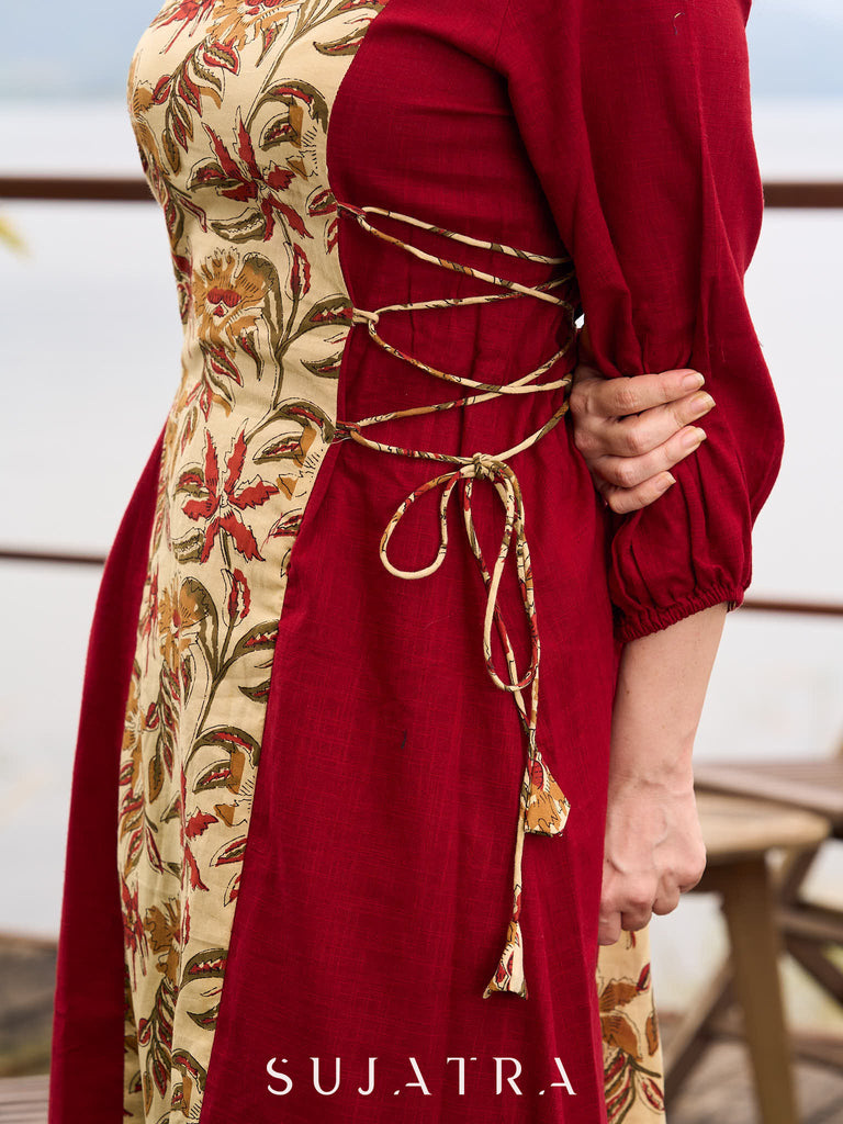 Maroon Cotton Kurta featuring Floral Printed Panel and Waist-Cinching Tie Details