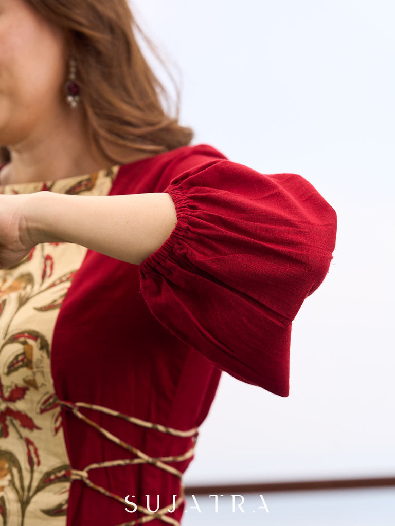 Maroon Cotton Kurta featuring Floral Printed Panel and Waist-Cinching Tie Details