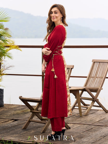 Maroon Cotton Kurta featuring Floral Printed Panel and Waist-Cinching Tie Details