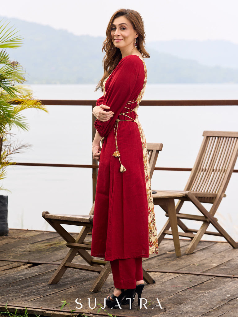 Maroon Cotton Kurta featuring Floral Printed Panel and Waist-Cinching Tie Details