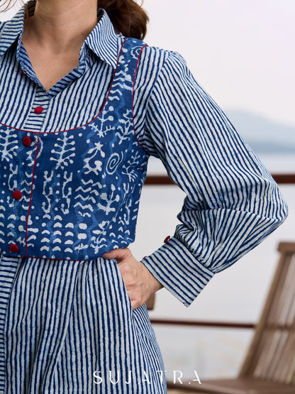 Indigo Printed Sleeveless Jacket with Maroon accents and Open-Front Design - Kurta optional