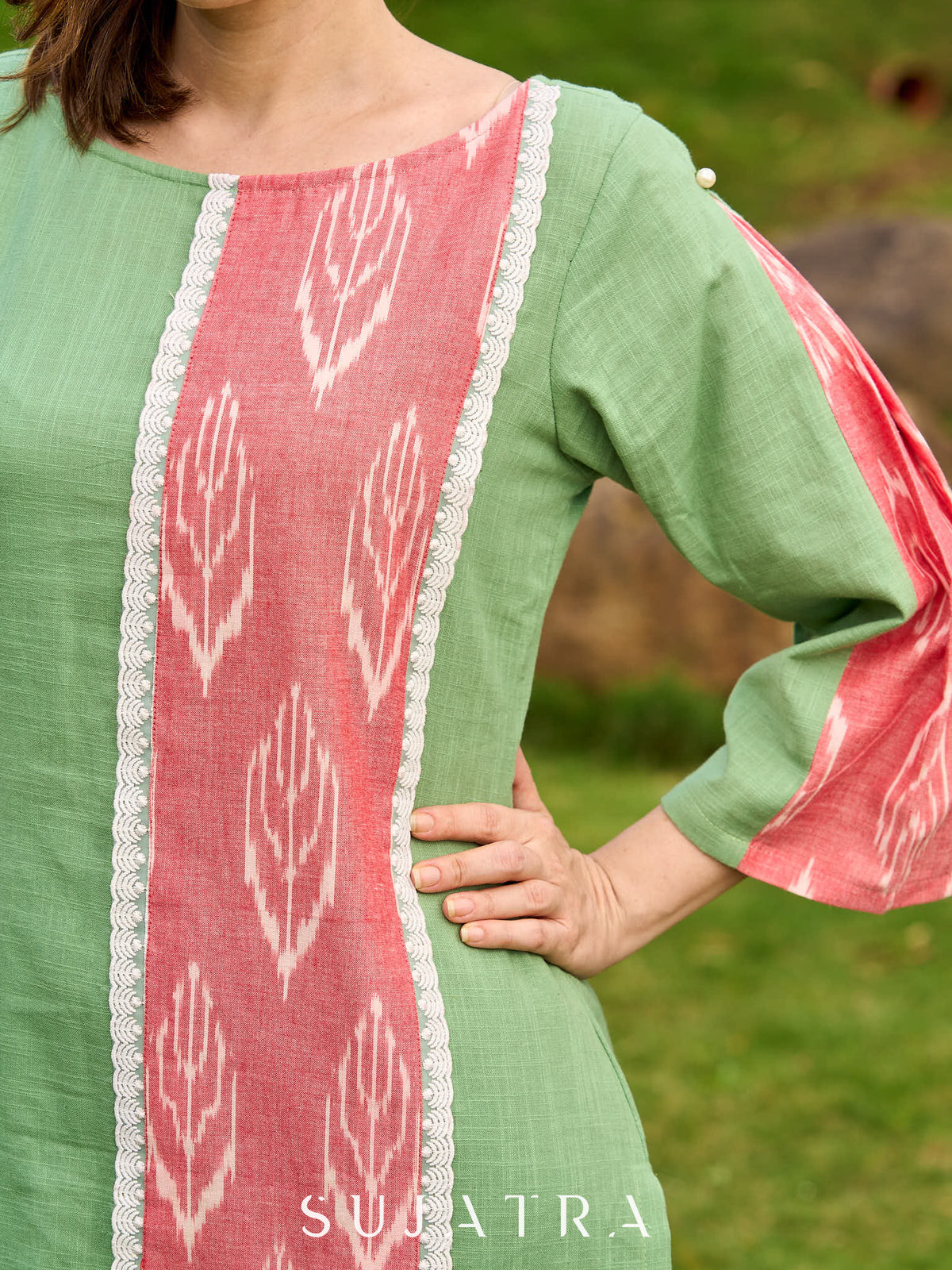 Subtle Pista Cotton Kurta featuring Asymmetric Peach Ikat Border Detailing - Pant Optional