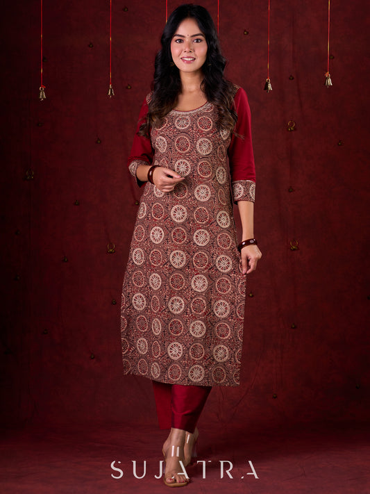 Rustic Brown Ajrakh Cotton Kurta with Handcrafted embroidery all over