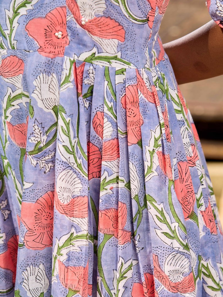 Lilac Bloom Cotton Pleated Dress With Scarlet Floral Print