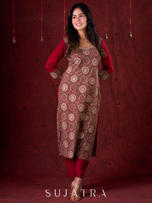 Rustic Brown Ajrakh Cotton Kurta with Handcrafted embroidery all over