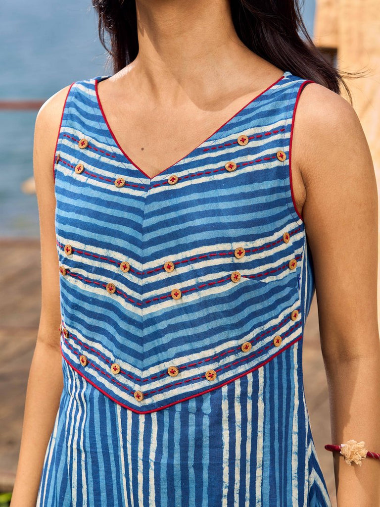 Handcrafted Indigo Cotton Dress With Red Stitch And Button Detailing
