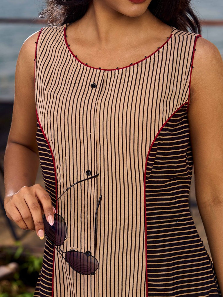 Black & Beige Ajrakh Cotton Dress with Structured Panel Design