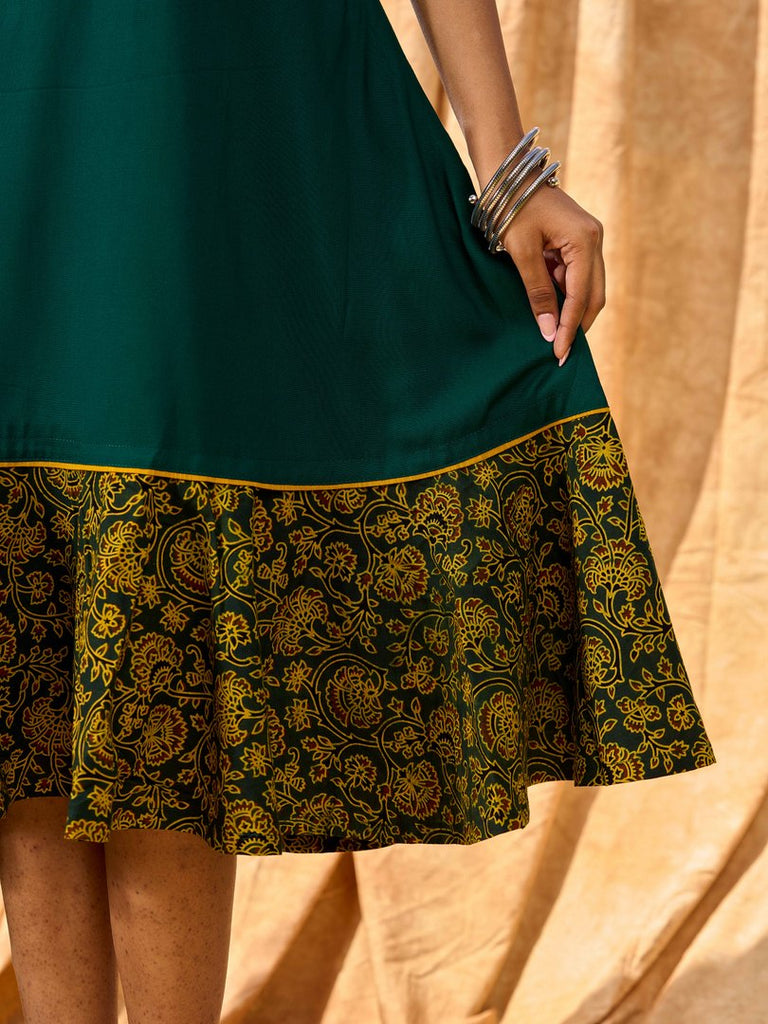 Classic Emerald Flared Rayon Dress With Ajrakh Highlights
