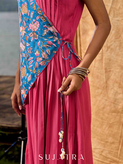 Rose Pink Pleated Wrap Dress with Floral Printed Blue Panel