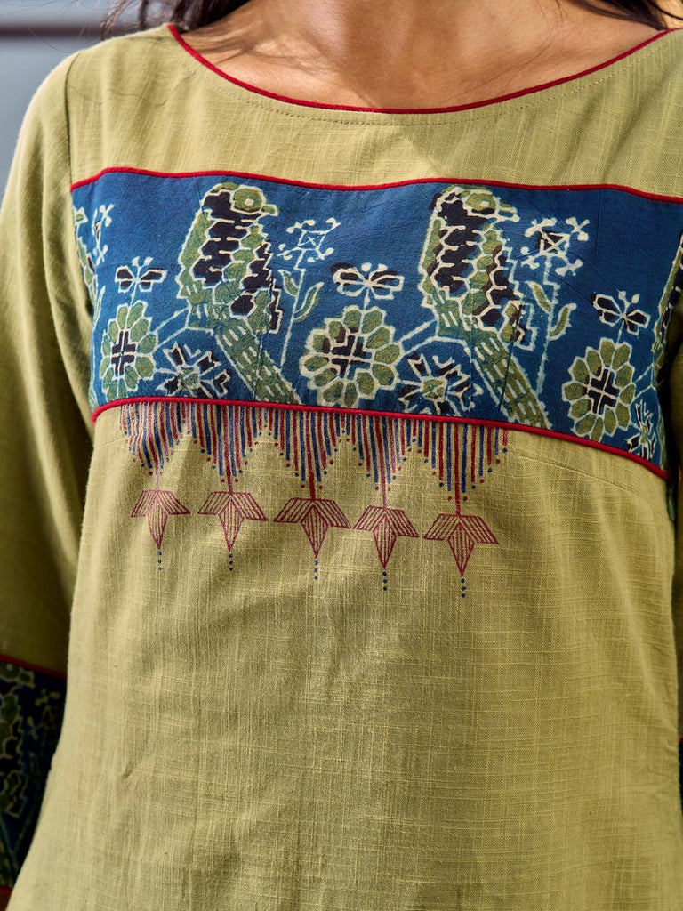 Sage Green Cotton A Line Dress with Contrast Ajrakh Yoke and Cuff Detailing featuring Hand Painting