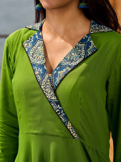 Green Flared Rayon Dress with Handcrafted Ajrakh Collar and Trims