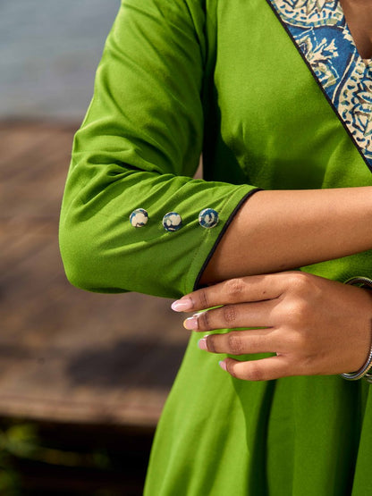 Green Flared Rayon Dress with Handcrafted Ajrakh Collar and Trims