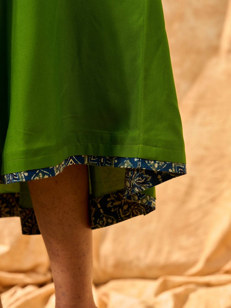 Green Flared Rayon Dress with Handcrafted Ajrakh Collar and Trims