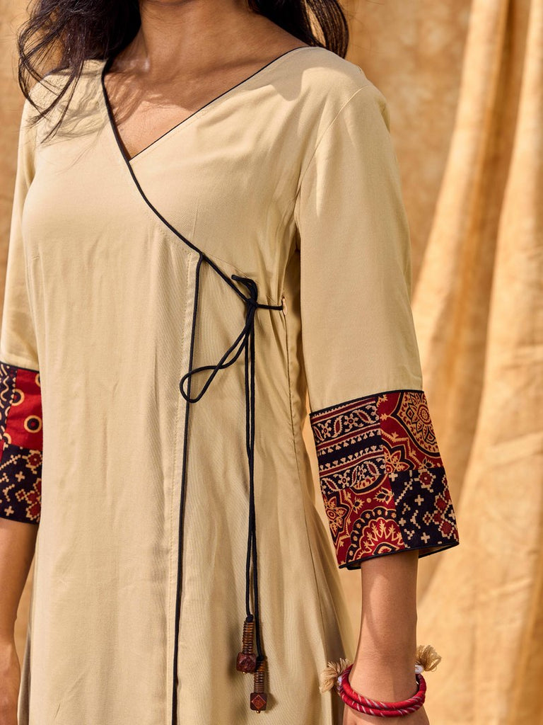 Sand Beige Tie-Up Wrap Rayon Dress With Ajrakh Patchwork Accents