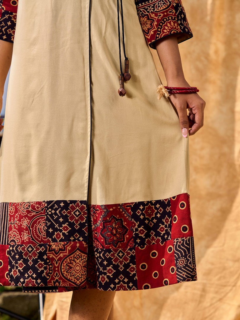 Sand Beige Tie-Up Wrap Rayon Dress With Ajrakh Patchwork Accents