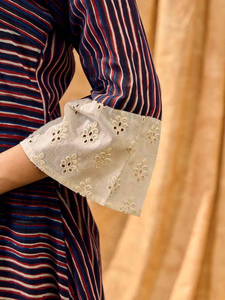 Indigo And Maroon Striped Cotton Dress With Contrast Lace & Hakoba Accents