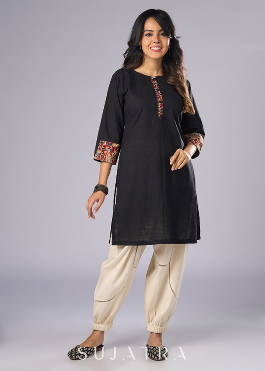 Elegant Black Cotton Tunic with Kalamkari Details  - Pant Additional