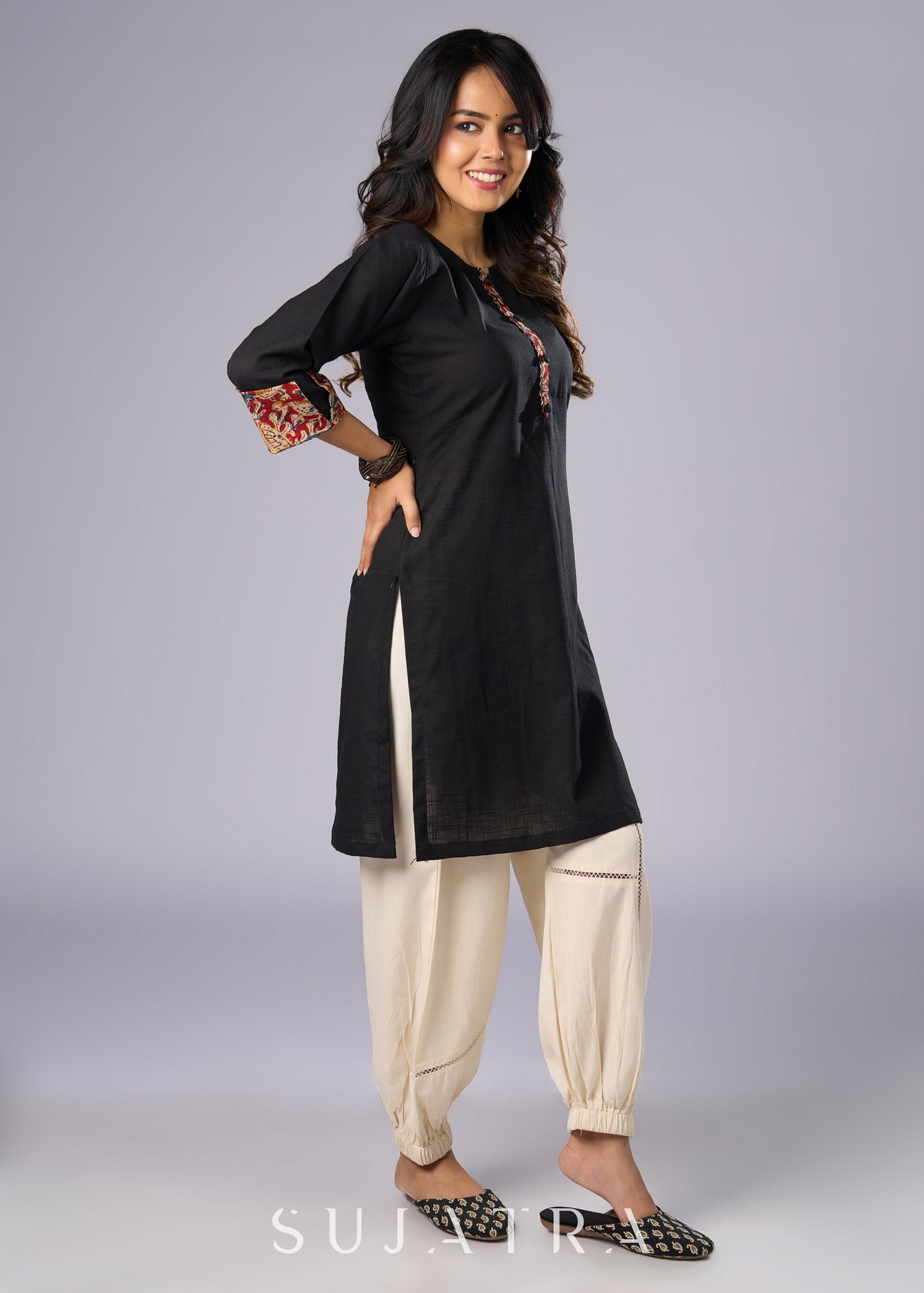 Elegant Black Cotton Tunic with Kalamkari Details  - Pant Additional