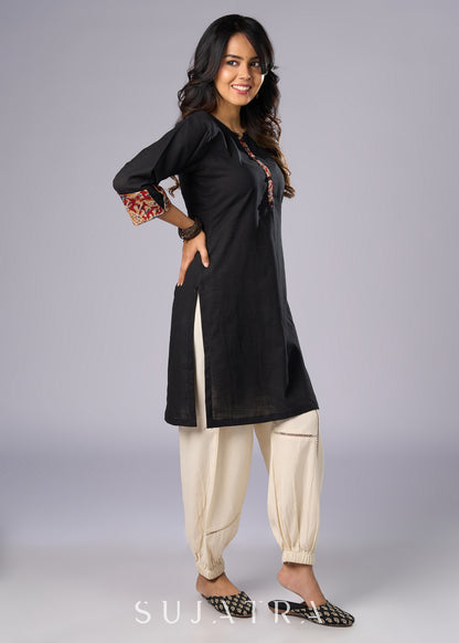 Elegant Black Cotton Tunic with Kalamkari Details  - Pant Additional
