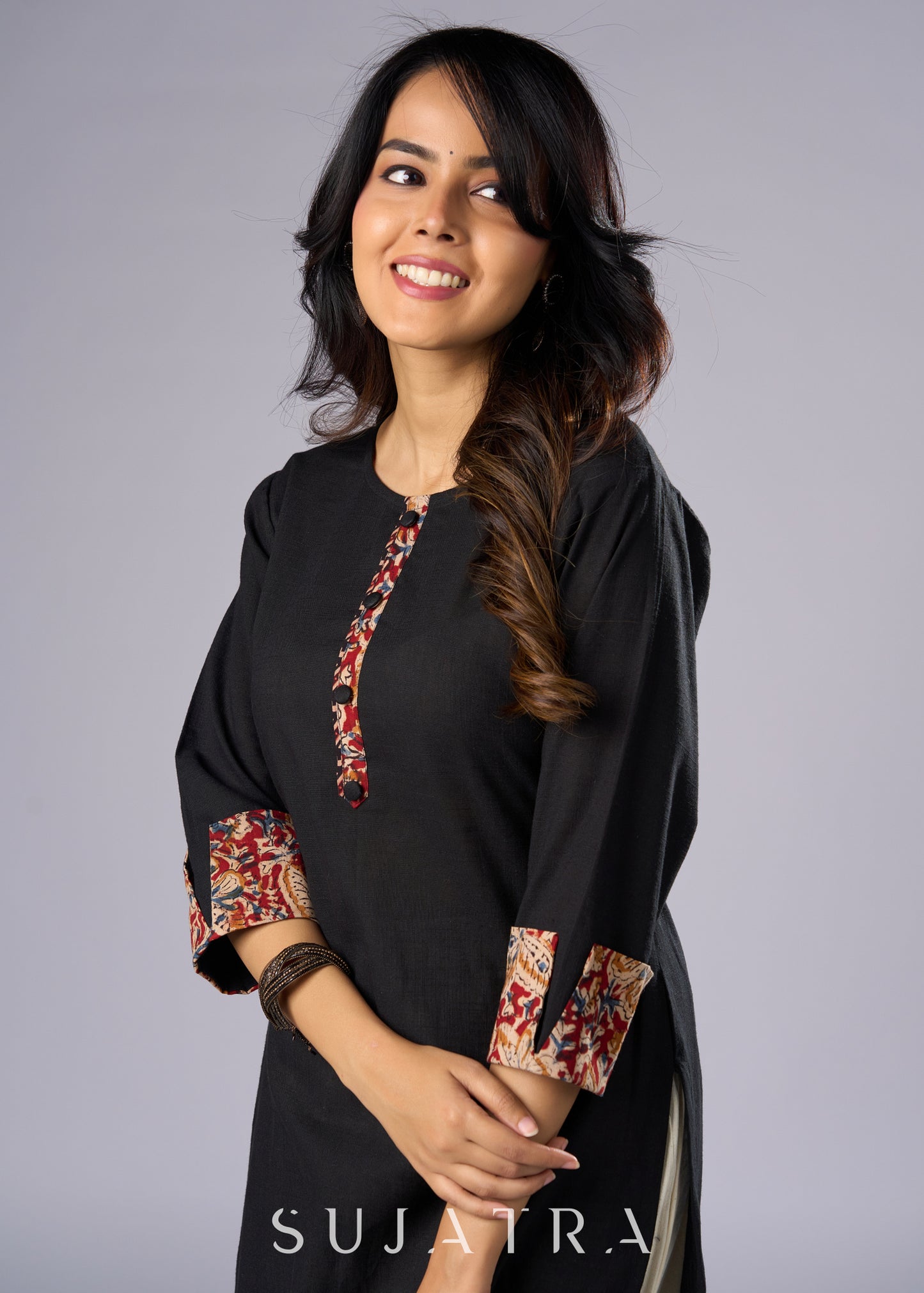 Elegant Black Cotton Tunic with Kalamkari Details  - Pant Additional