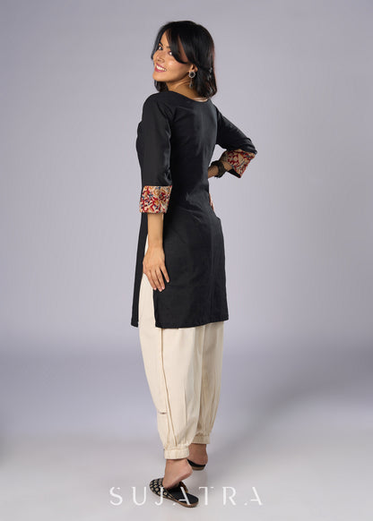 Elegant Black Cotton Tunic with Kalamkari Details  - Pant Additional