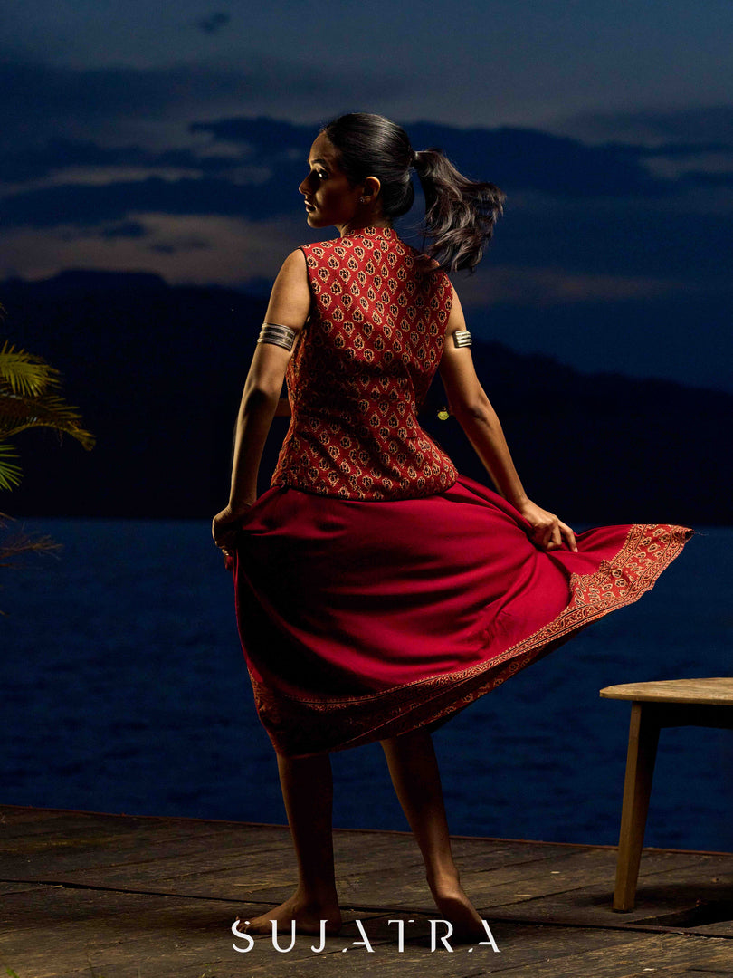 Deep Maroon Ajrakh Printed Cotton Overlap Waistcoat - Dress Optional