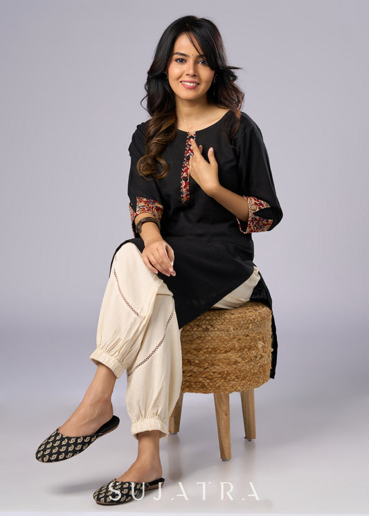 Elegant Black Cotton Tunic with Kalamkari Details  - Pant Additional