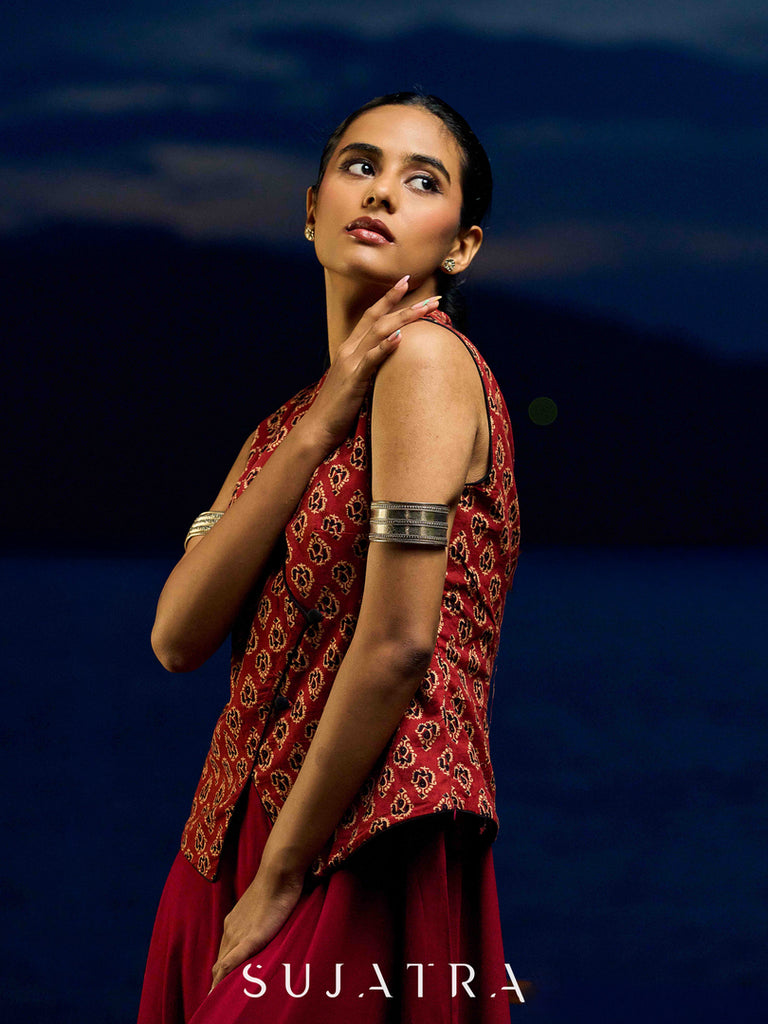 Deep Maroon Ajrakh Printed Cotton Overlap Waistcoat