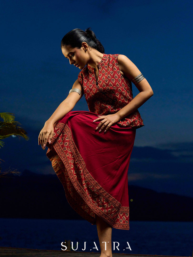Deep Maroon Ajrakh Printed Cotton Overlap Waistcoat - Dress Optional