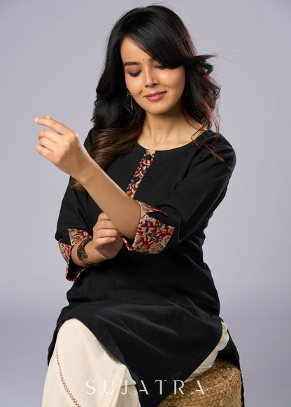 Elegant Black Cotton Tunic with Kalamkari Details  - Pant Additional