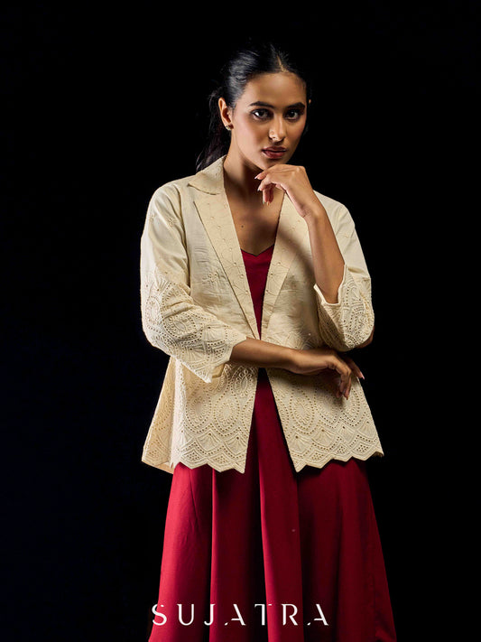 Ivory Cotton Hakoba Embroidered Jacket with Scalloped Hem